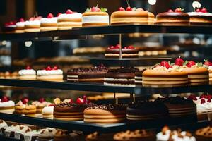 a display of cakes in a bakery. AI-Generated photo