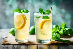 two glasses of lemonade with mint leaves on a wooden table. AI-Generated photo