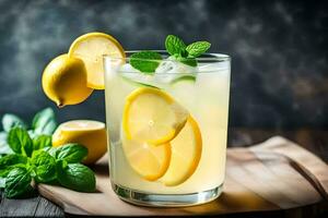 a glass of lemonade with mint leaves and lemons. AI-Generated photo