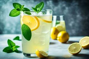 lemonade with mint leaves and lemons. AI-Generated photo