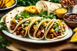 tacos with meat, pineapple and other ingredients. AI-Generated photo