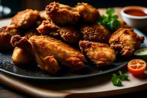 chicken wings on a plate with sauce and garnish. AI-Generated photo