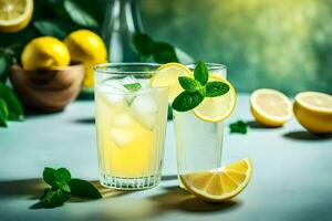 lemonade in a glass with ice and mint leaves. AI-Generated photo