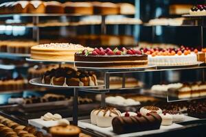a display of cakes in a bakery. AI-Generated photo