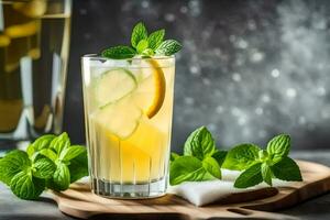 a glass of lemonade with mint leaves and lemon slices. AI-Generated photo