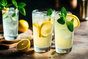 three glasses of lemonade with mint leaves. AI-Generated photo