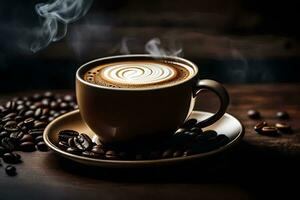 a cup of coffee is on a wooden table with coffee beans. AI-Generated photo