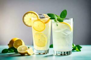 two glasses of lemonade with mint leaves on a blue background. AI-Generated photo