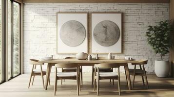 Modern Japandi Dining Room with Wooden Table, Rustic Chairs, and Artful Wall Decor. AI Generated photo