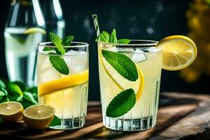 two glasses of lemonade with mint leaves and lemons. AI-Generated photo