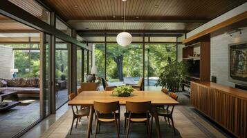 Mid-Century Dining Room with Modern Home Design and Wooden Ceiling. AI Generated photo