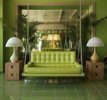 tropical paraíso verde habitación con balancearse, espejo elementos, meticuloso detallando, y colgando características. ai generado foto