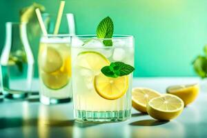 lemonade in a glass with lemons and mint. AI-Generated photo