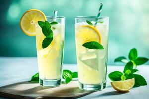 two glasses of lemonade with mint leaves and lemons. AI-Generated photo