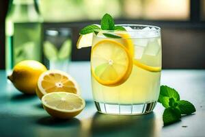 a glass of lemonade with mint leaves and lemons. AI-Generated photo