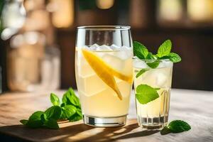 a glass of lemonade with mint leaves on a wooden table. AI-Generated photo