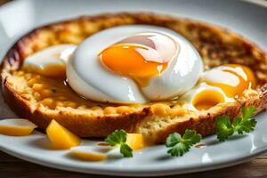 eggs on toast with a poached egg. AI-Generated photo