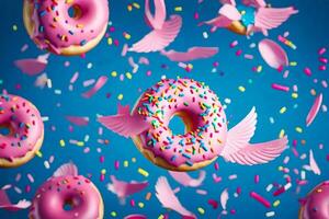 rosquillas con rosado Formación de hielo y asperja volador en el aire. generado por ai foto