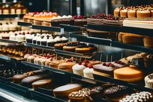 many different types of cakes are on display in a bakery. AI-Generated photo