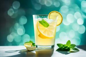 a glass of lemonade with mint leaves and a slice of lemon. AI-Generated photo
