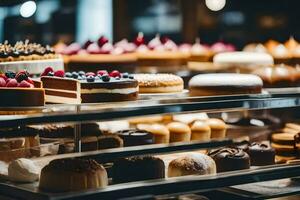 many different types of cakes are on display in a bakery. AI-Generated photo