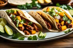 three tacos with meat and vegetables on a plate. AI-Generated photo