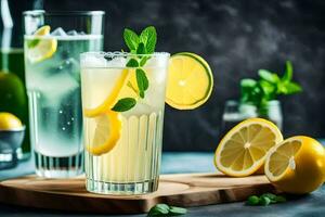 two glasses of lemonade with lemons and mint leaves. AI-Generated photo