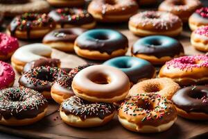 a large group of donuts on a wooden table. AI-Generated photo