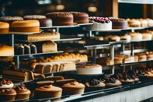 many different types of cakes are on display in a bakery. AI-Generated photo