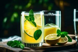 lemonade in a glass with lime and mint. AI-Generated photo