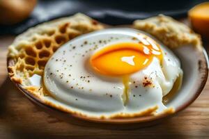 an egg is sitting on top of a waffle. AI-Generated photo