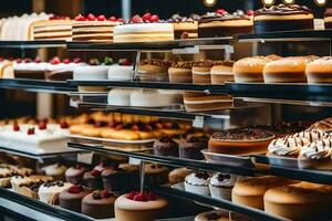 a display of cakes in a bakery. AI-Generated photo