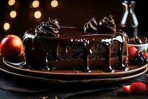 chocolate cake with chocolate frosting and berries on a dark background. AI-Generated photo