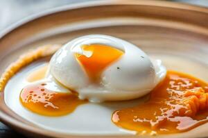 an egg is sitting on top of a bowl of sauce. AI-Generated photo