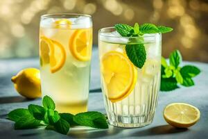 two glasses of lemonade with mint leaves and lemons. AI-Generated photo