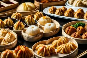 many different types of dumplings are displayed in baskets. AI-Generated photo