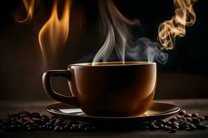 a cup of coffee on a wooden table with smoke and coffee beans. AI-Generated photo