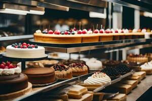 a bakery display with many different types of cakes. AI-Generated photo