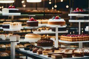 many different types of cakes are on display in a bakery. AI-Generated photo