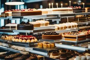 many different types of cakes are on display in a bakery. AI-Generated photo