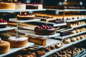 many different types of cakes are on display in a bakery. AI-Generated photo