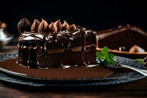a piece of chocolate cake with chocolate sauce and mint leaves. AI-Generated photo