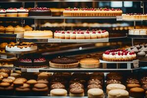 many different types of cakes are on display in a bakery. AI-Generated photo