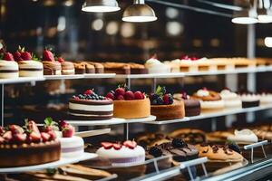 many different types of cakes are on display in a bakery. AI-Generated photo