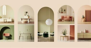 Midcentury Modern Home Decor. Embracing Light Pink and Light Emerald Color Trends, Arched Doorways, Berlin Secession Influence, Playful and Cartoonish Elements. AI Generated photo