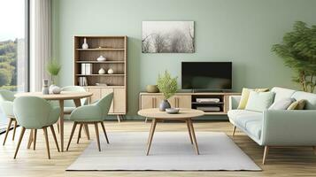 A Scandinavian Mid-Century Modern Living Room. AI Generated photo