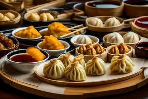 a table with many different types of dumplings. AI-Generated photo