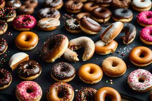 un grande surtido de rosquillas en un negro superficie. generado por ai foto