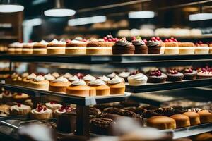 muchos diferente tipos de pasteles son en monitor en un panadería. generado por ai foto