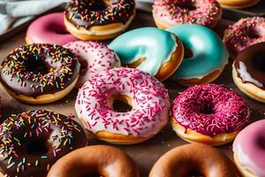 a bunch of donuts with different colors and sprinkles. AI-Generated photo